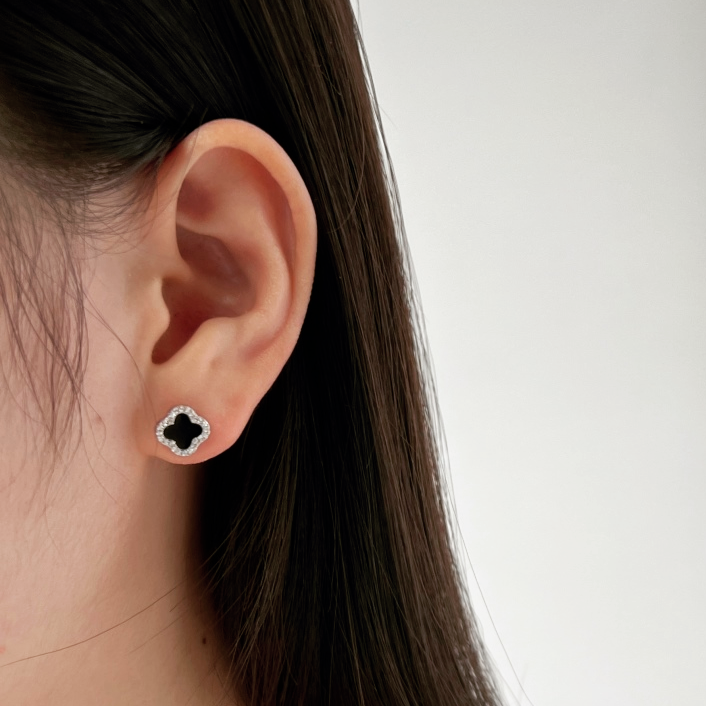 Pendientes trébol negro - Plata 925